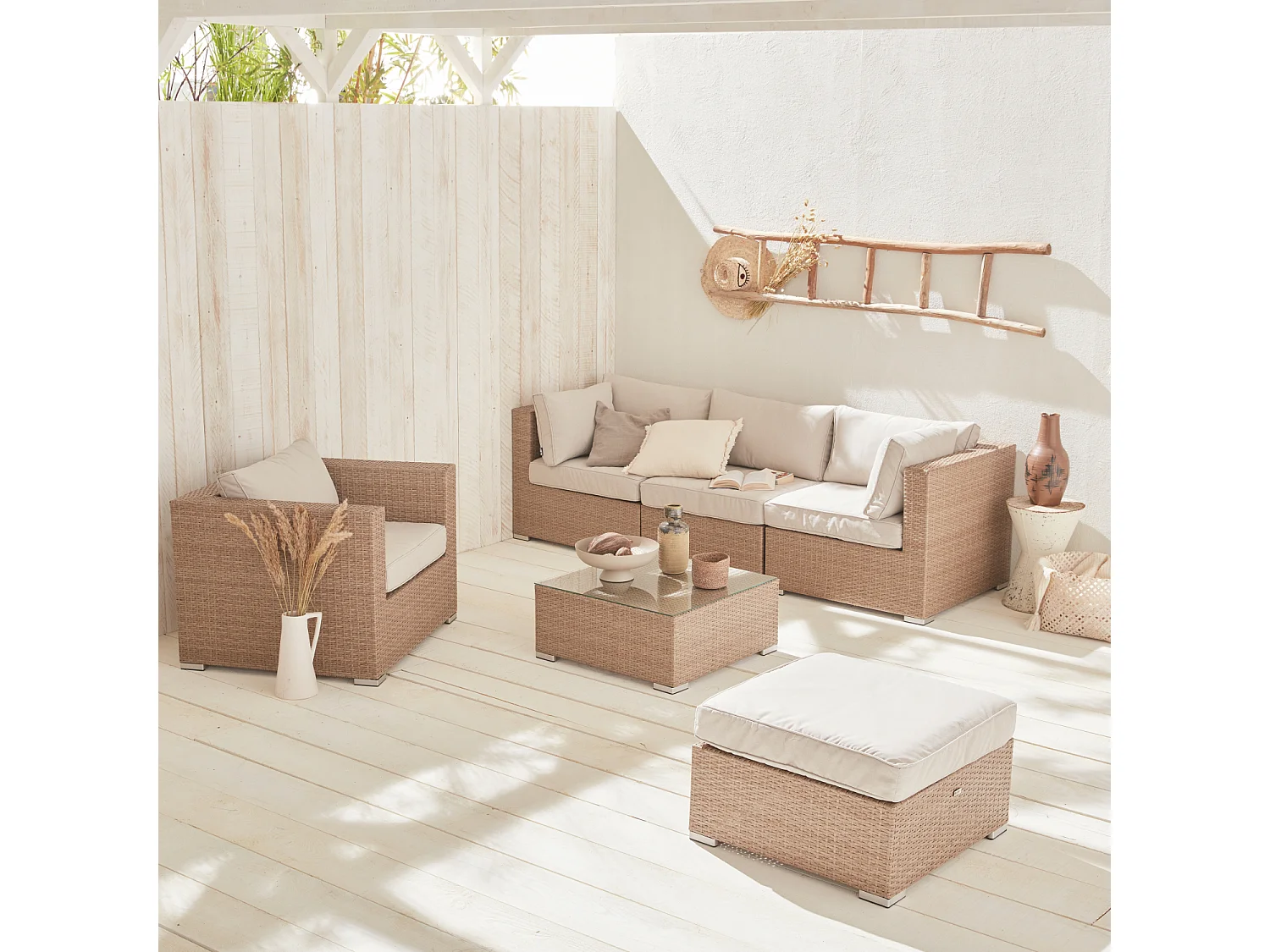 Conjunto de jardín en resina trenzada, 5 plazas beige