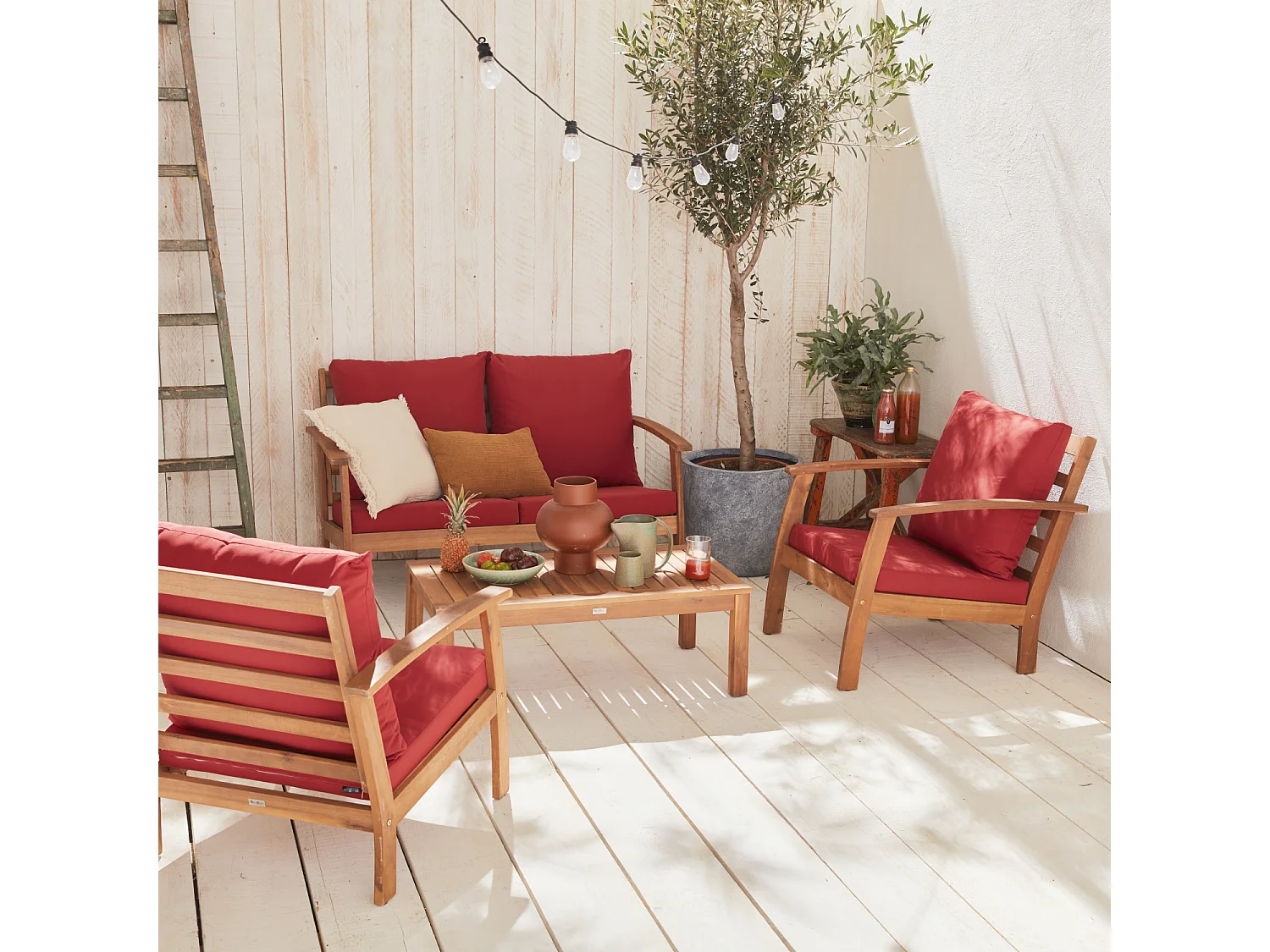 Salotto da giardino in legno a 4 posti, marrone naturale