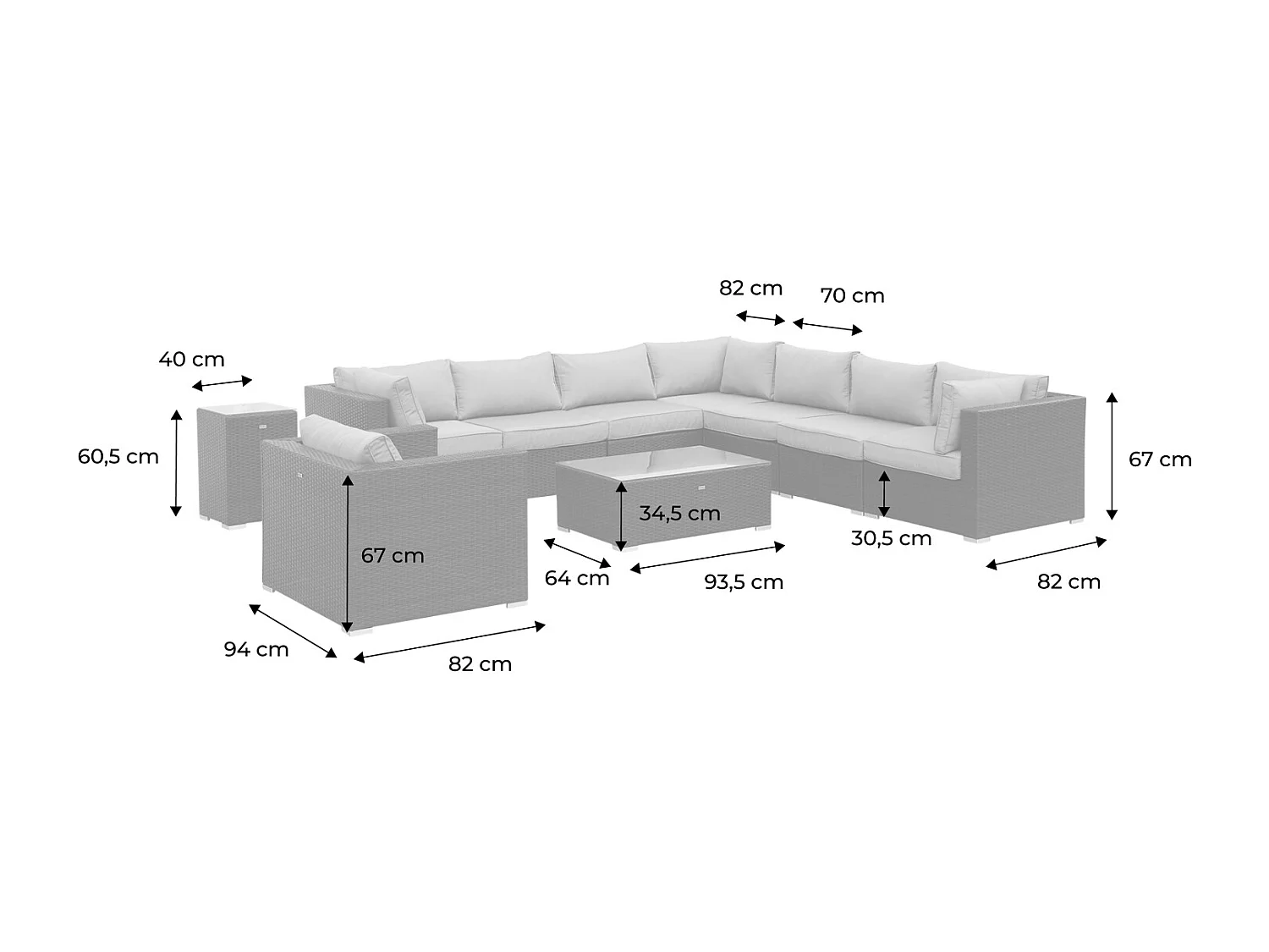 Conjunto de muebles de jardín en resina tejida, 8 a 10 plazas varios