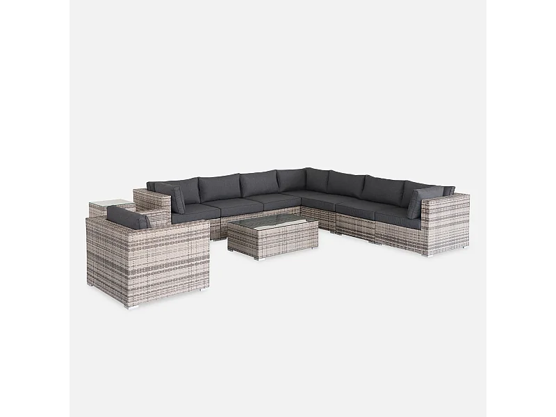 Salon de jardin en résine tressée - Venezia - Nuances de gris. Coussins Gris chiné- 8 à 10 places