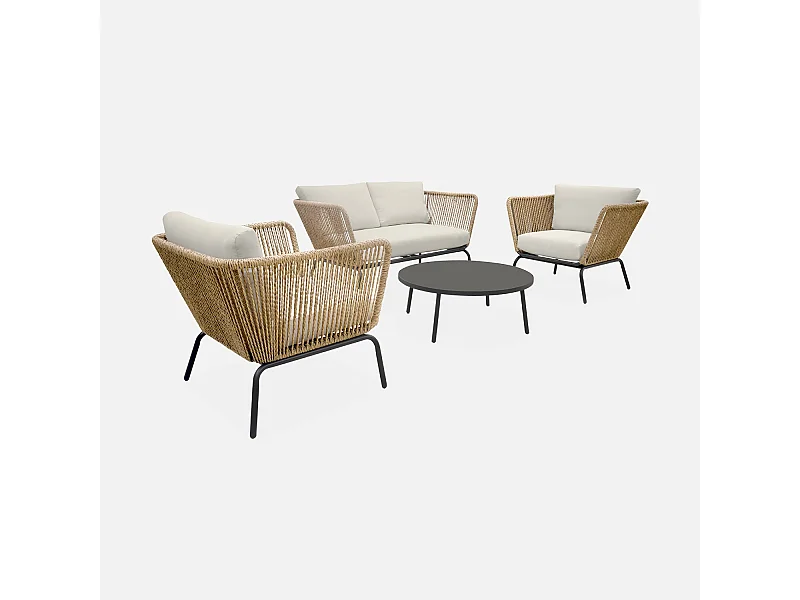 Salotto da giardino in resina intrecciata effetto rattan, 4 posti,