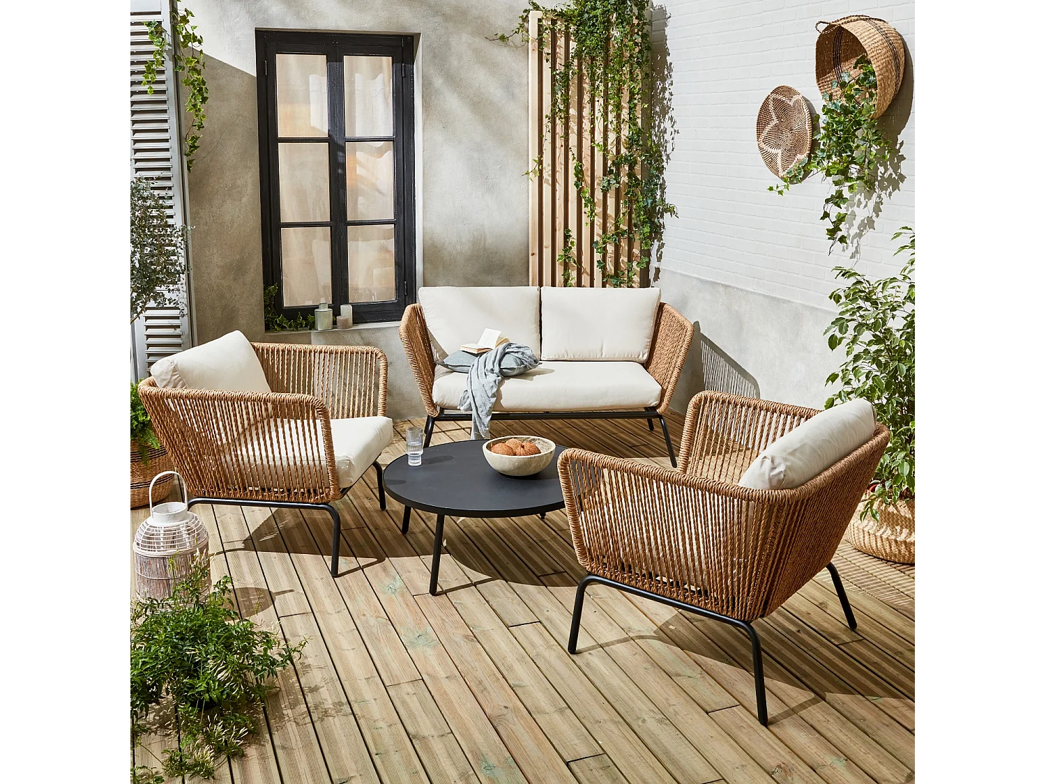 Salotto da giardino in resina intrecciata effetto rattan, 4 posti,