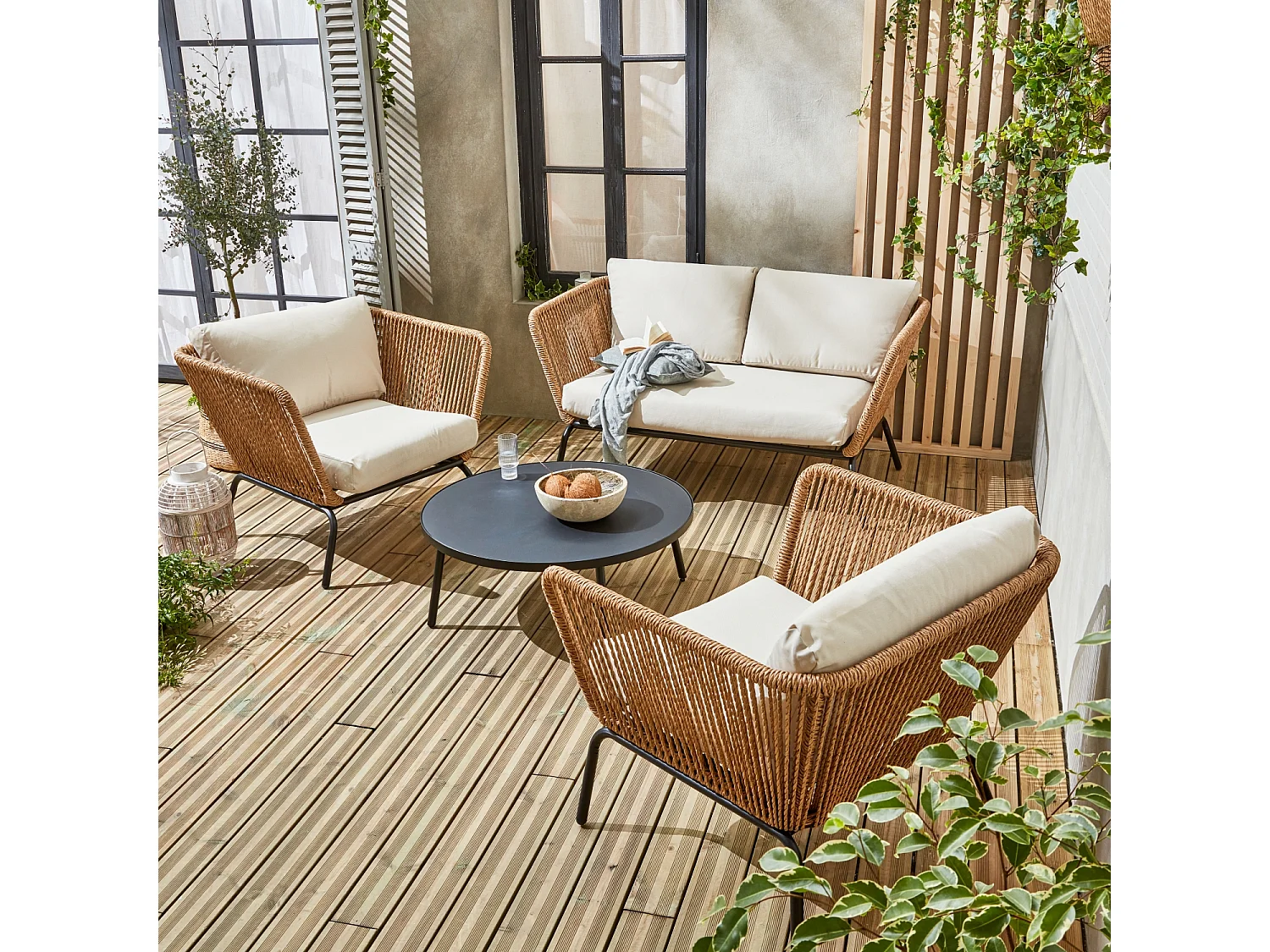 Salotto da giardino in resina intrecciata effetto rattan, 4 posti,