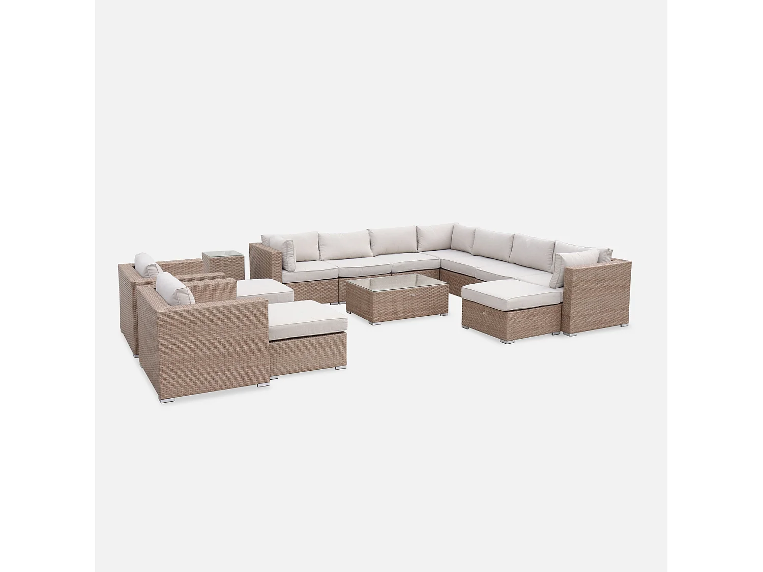 Salon de jardin en résine tressée XXL - Tripoli - Beige. Coussins beige - 12 à 14 places