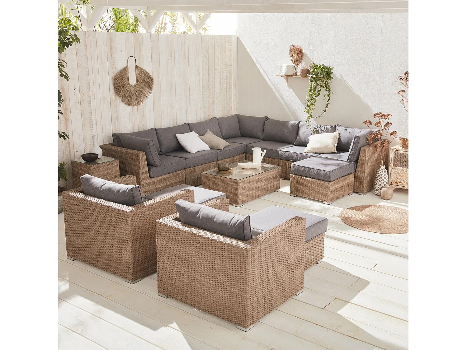 Conjunto de muebles de jardín de resina tejida, 12 a 14 plazas beige