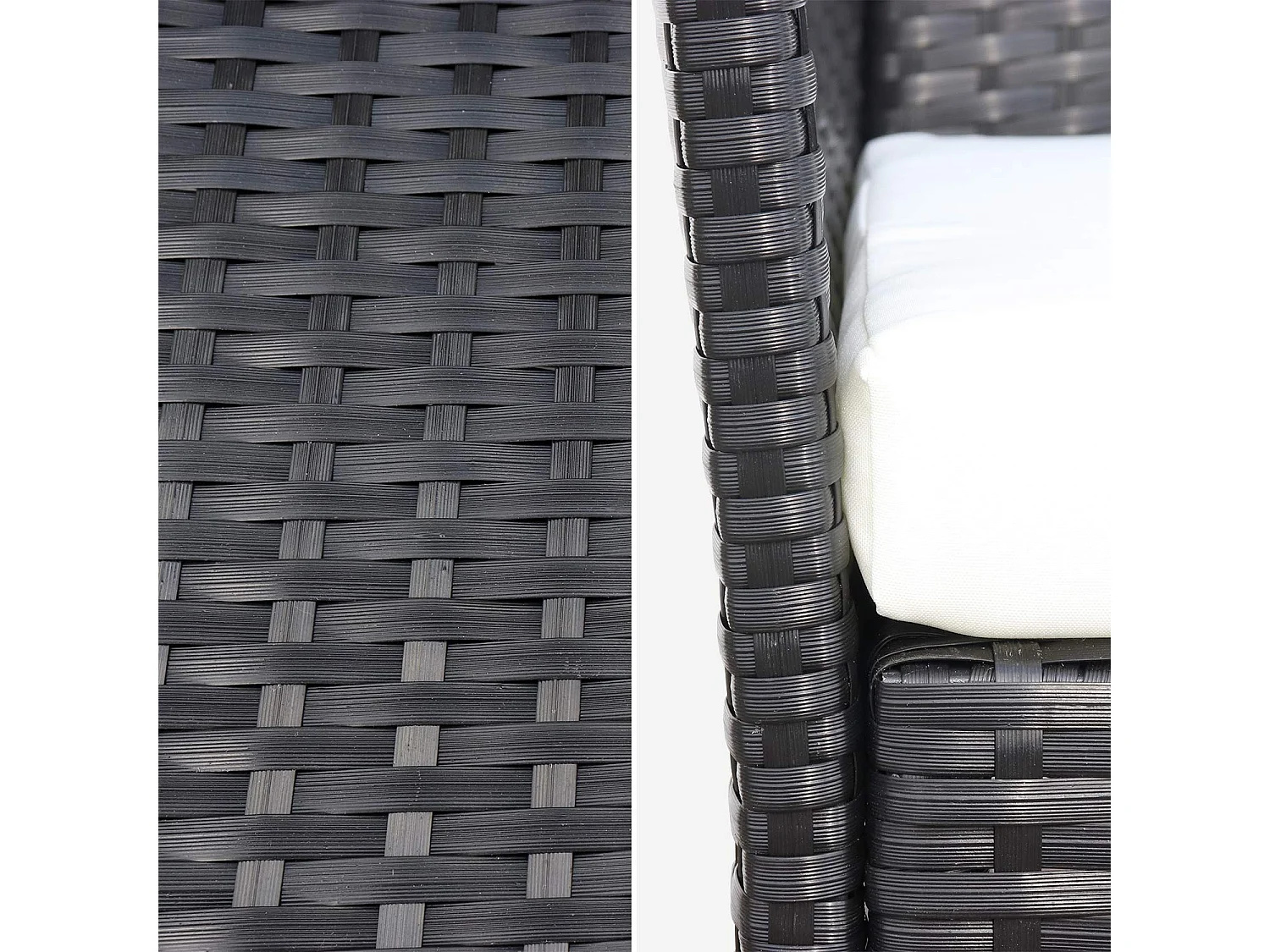 Salon de jardin en résine tressée - Moltès - Noir. Coussins ecru - 4 places - 1 canapé. 2 fauteuils. une table basse