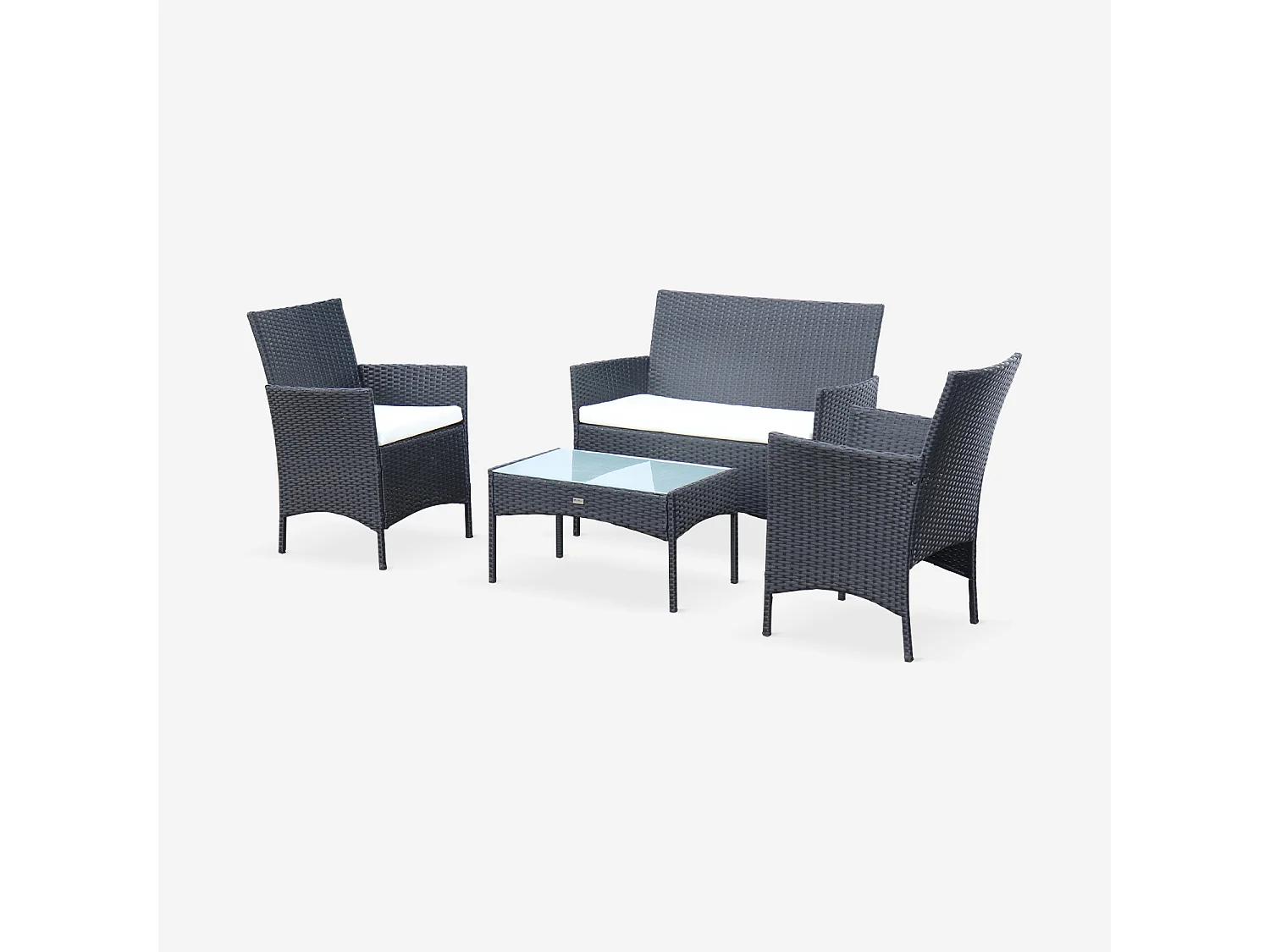 Salon de jardin en résine tressée - Moltès - Noir. Coussins ecru - 4 places - 1 canapé. 2 fauteuils. une table basse
