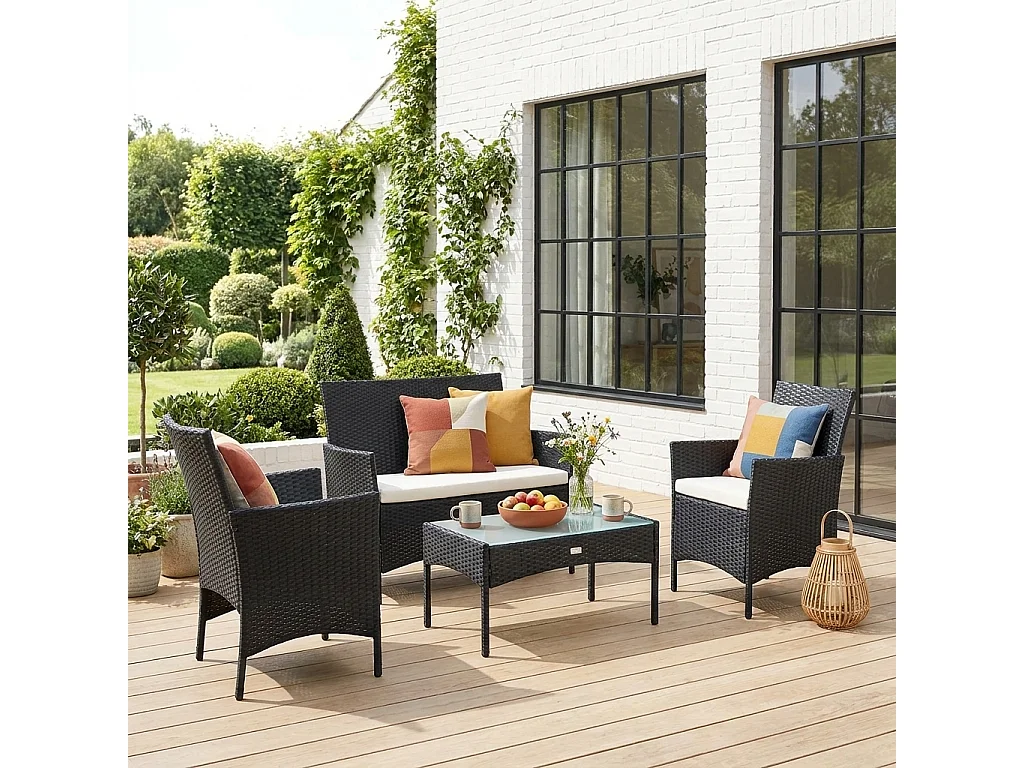 Salon de jardin en résine tressée - Moltès - Noir. Coussins ecru - 4 places - 1 canapé. 2 fauteuils. une table basse