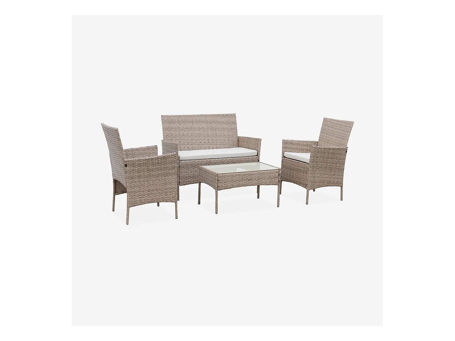 Salon de jardin en résine tressée - Moltès - Naturel. Coussins beiges - 4 places - 1 canapé. 2 fauteuils. une table basse