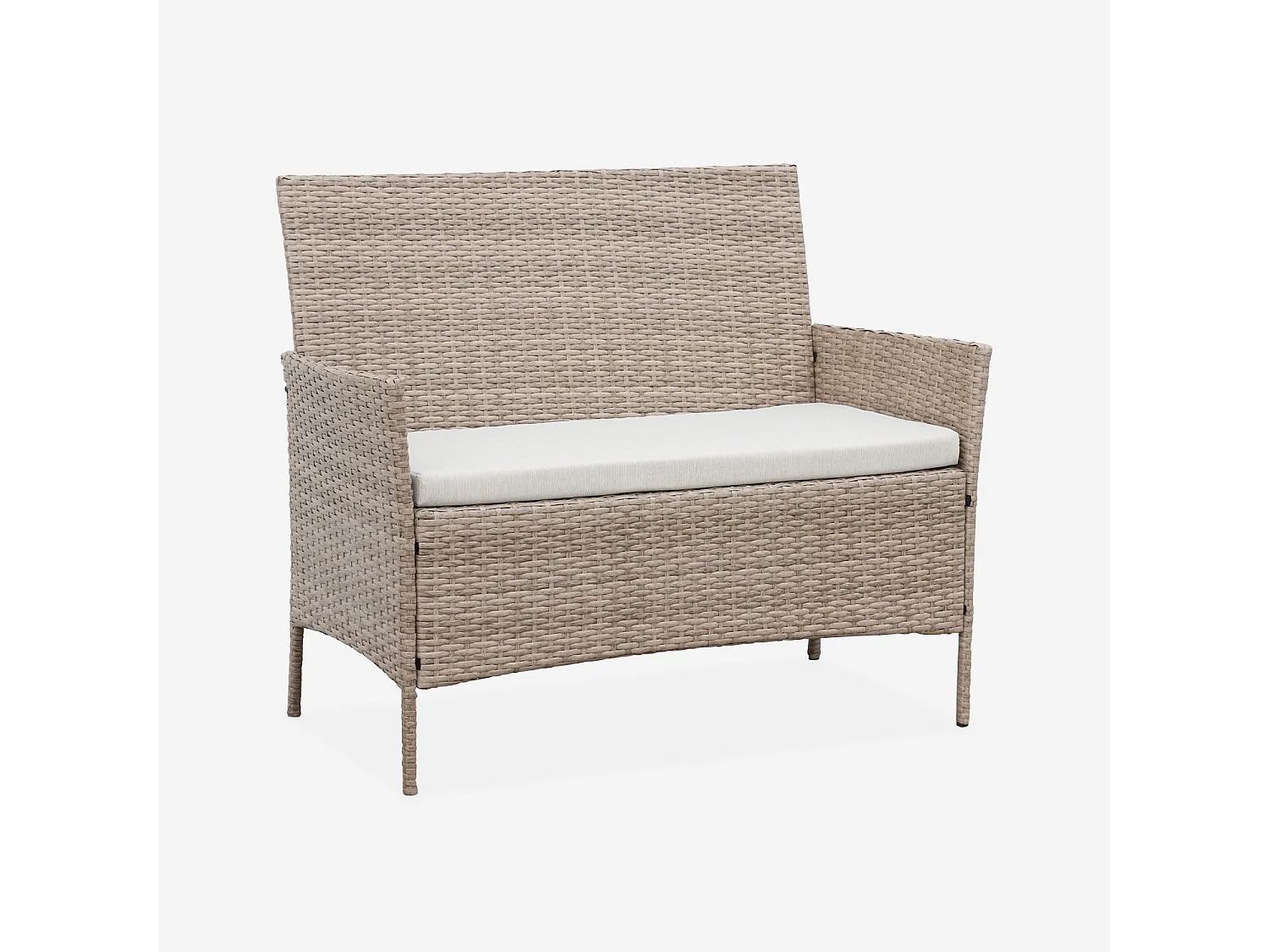 Salon de jardin en résine tressée - Moltès - Naturel. Coussins beiges - 4 places - 1 canapé. 2 fauteuils. une table basse