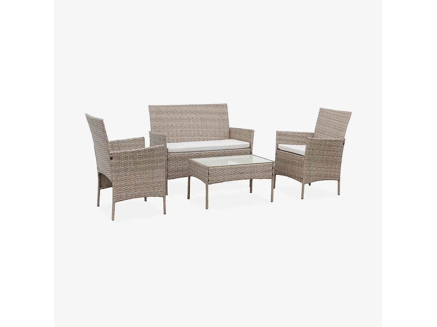 Salon de jardin en résine tressée - Moltès - Naturel. Coussins beiges - 4 places - 1 canapé. 2 fauteuils. une table basse