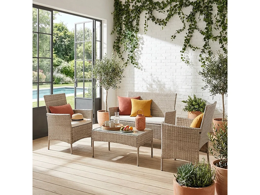 Conjunto de jardín de resina tejida, 4 plazas natural