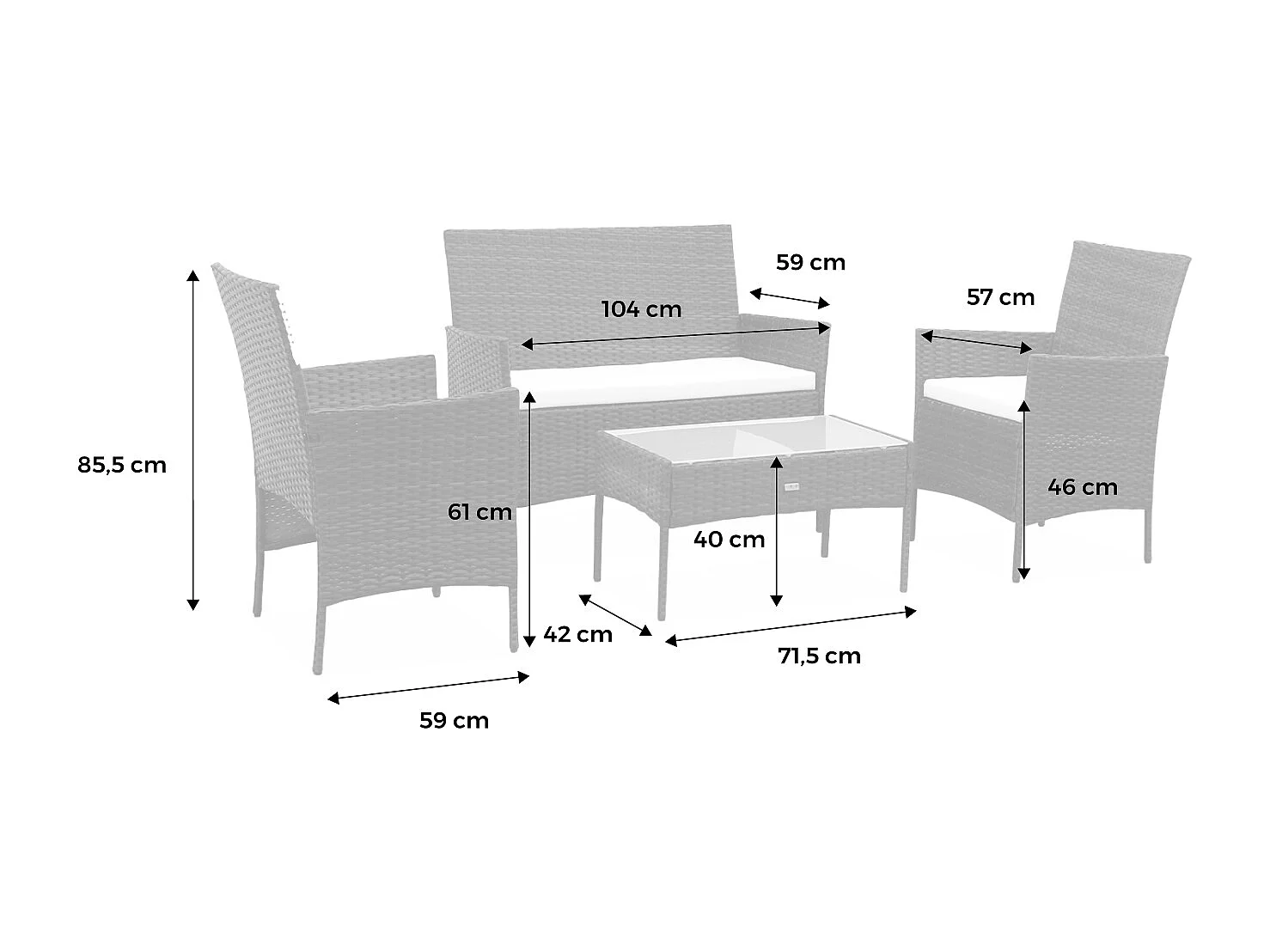 Conjunto de muebles de jardín de resina tejida, 4 plazas varios tonos