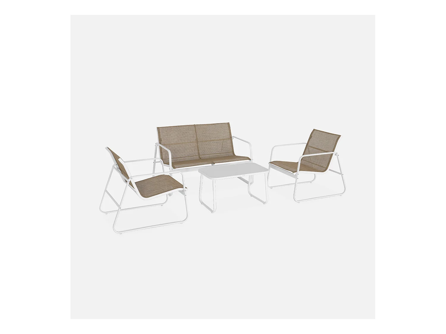 Salon de jardin en métal  et textilène pour 4 personnes. blanc et naturel. design