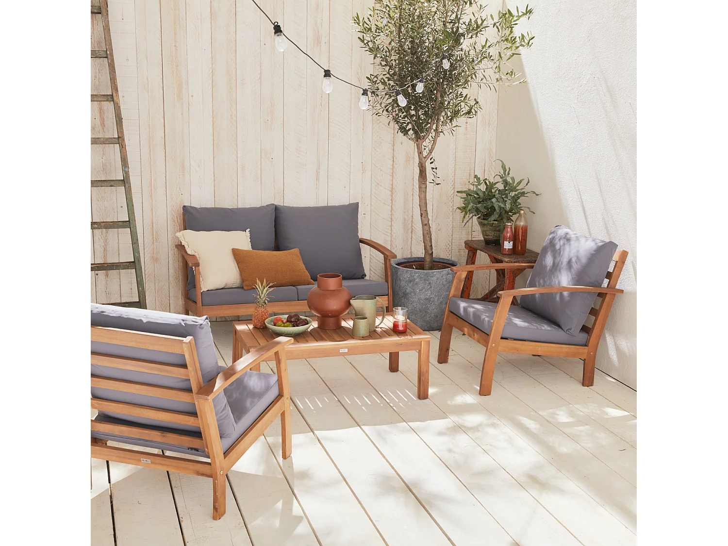 Salotto da giardino in legno, 4 posti, marrone naturale