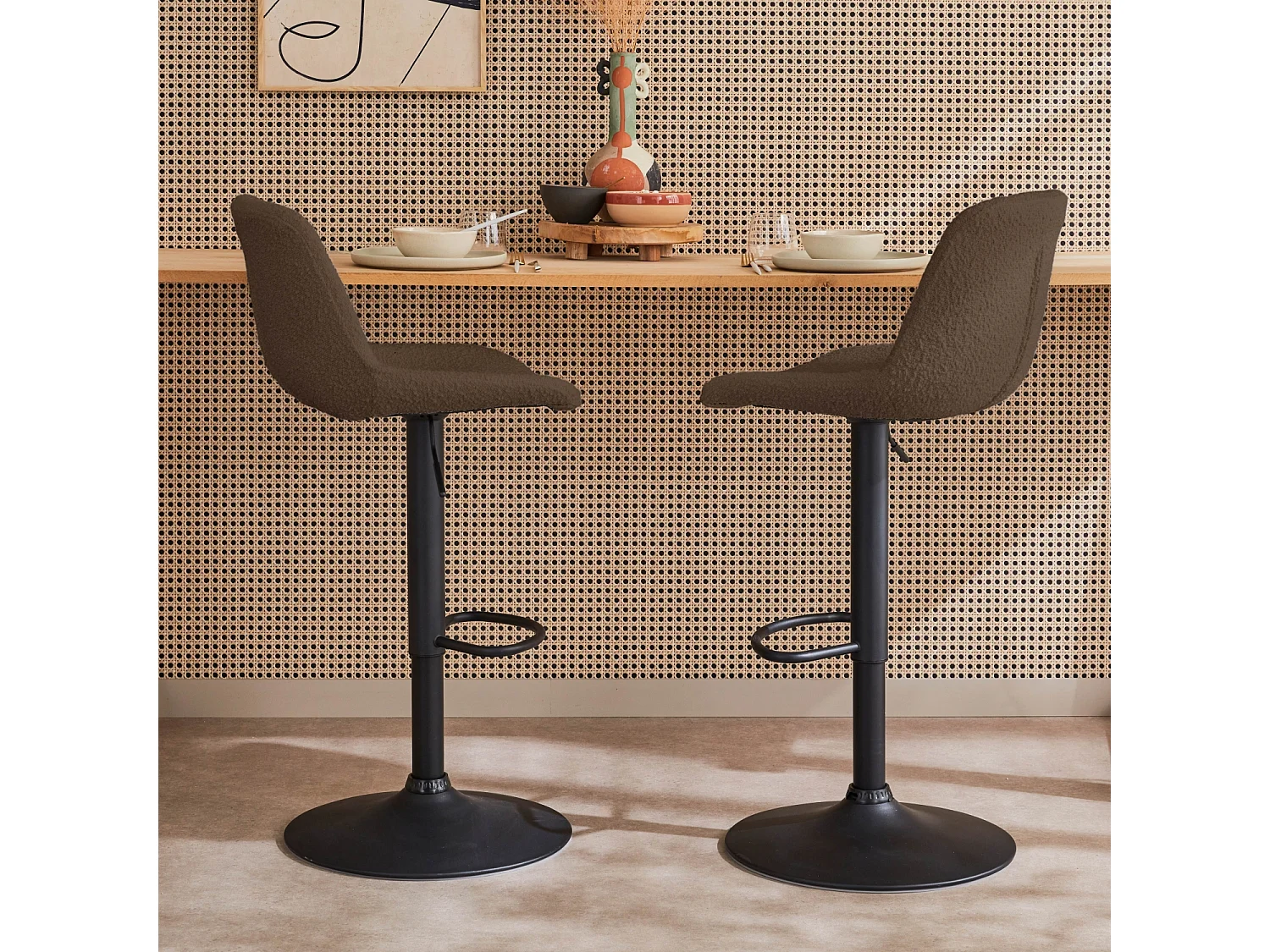 Lot de 2 tabourets de bar réglables - Noah - bouclette texturée taupe - hauteur réglable 60.5/81.5cm . repose-pieds