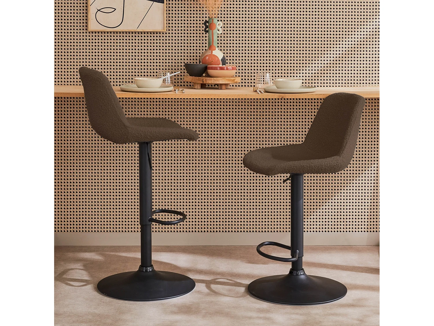 Lot de 2 tabourets de bar réglables - Noah - bouclette texturée taupe - hauteur réglable 60.5/81.5cm . repose-pieds