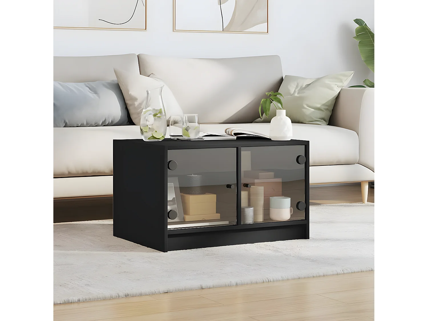 Mesa de centro c/ portas de vidro 68x50x42 cm preto