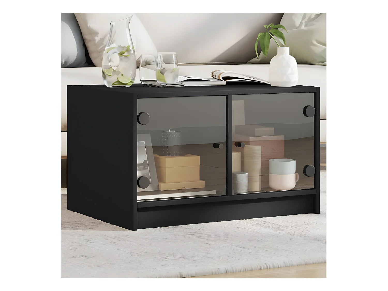 Table basse avec portes en verre noir 68x50x42 cm