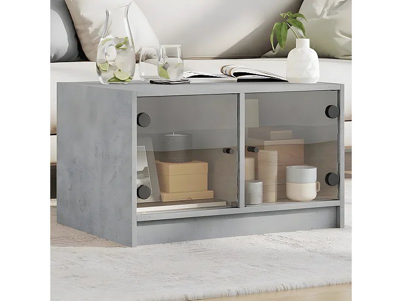 Mesa de centro con puertas de vidrio grs hormigón 68x50x42 cm