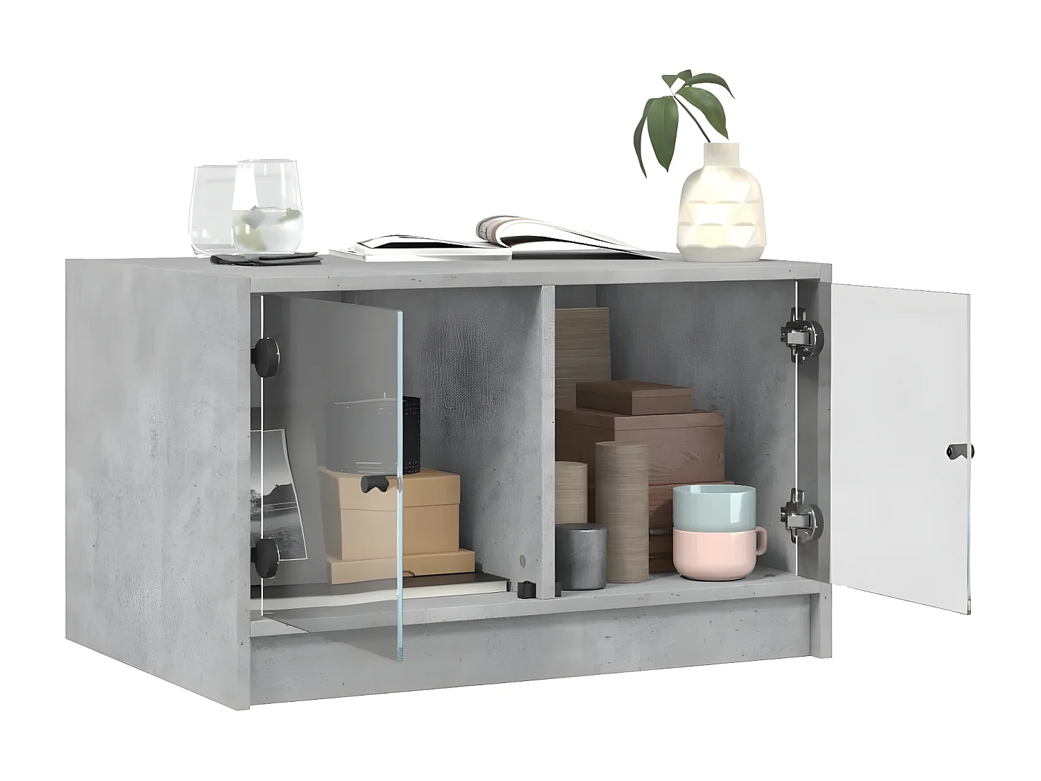 Salontafel met glazen deuren 68x50x42 cm betongrijs