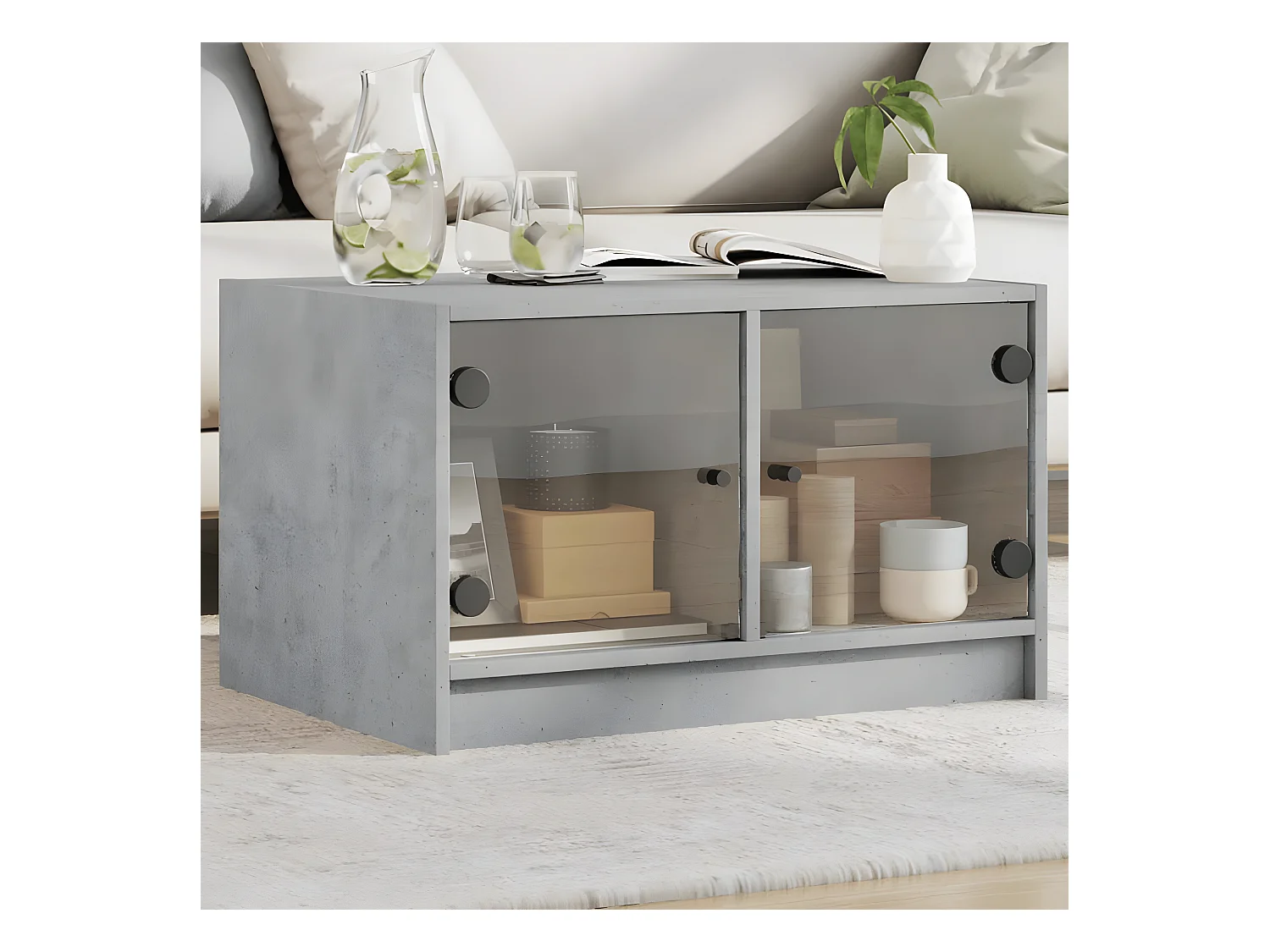 Table basse avec portes en verre gris béton 68x50x42 cm