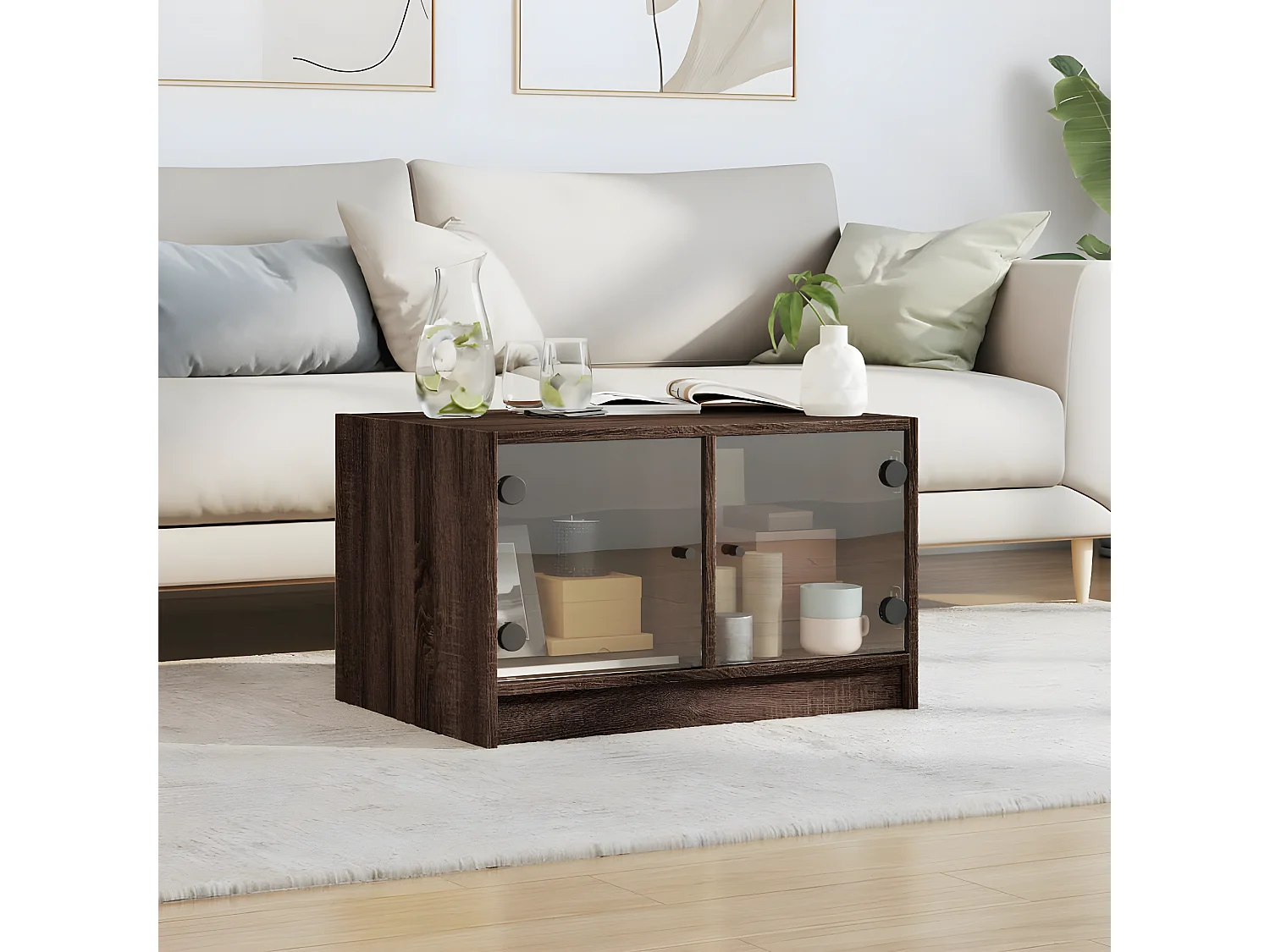 Table basse avec portes en verre chêne marron 68x50x42 cm