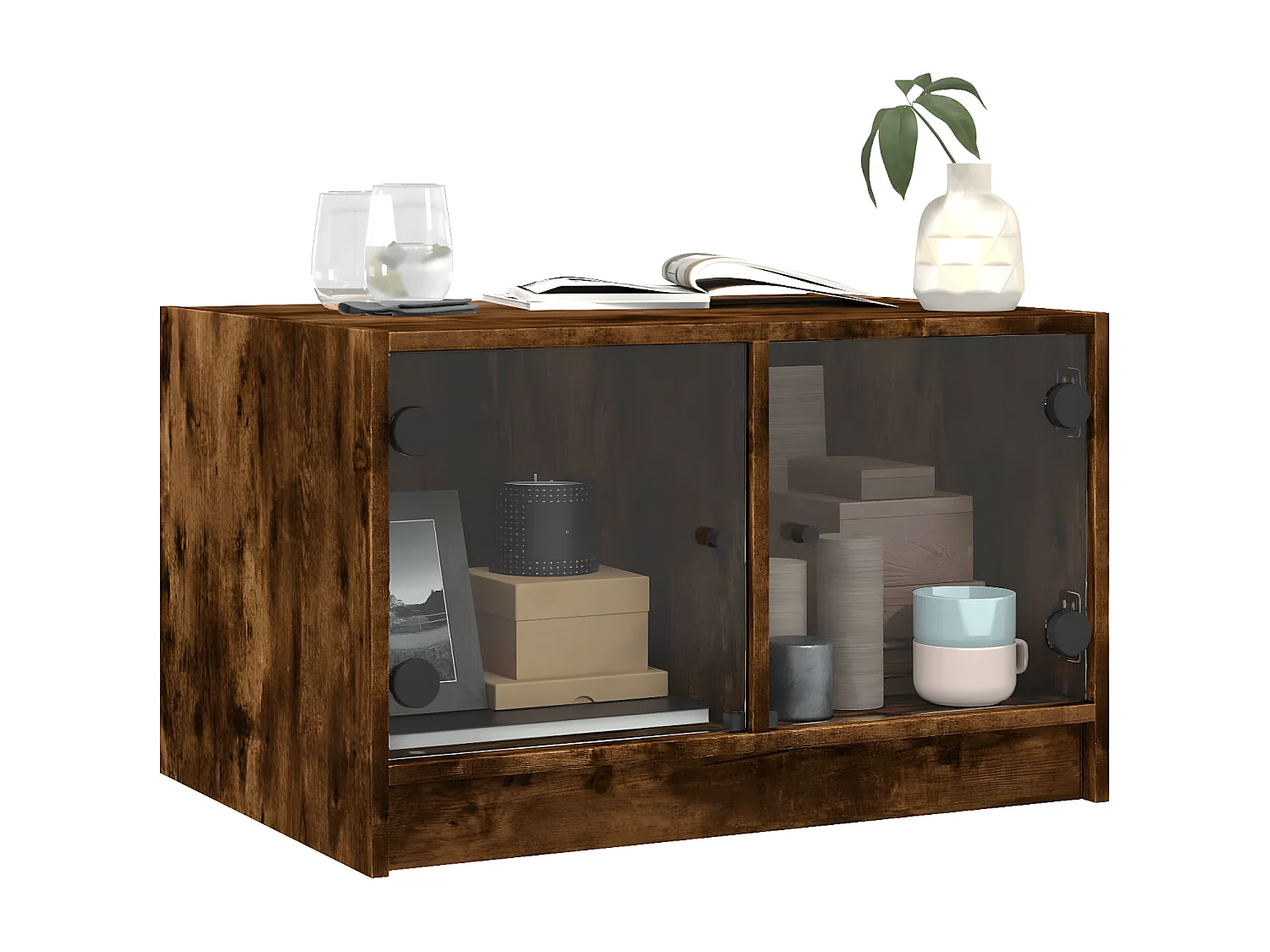 Table basse avec portes en verre chêne fumé 68x50x42 cm