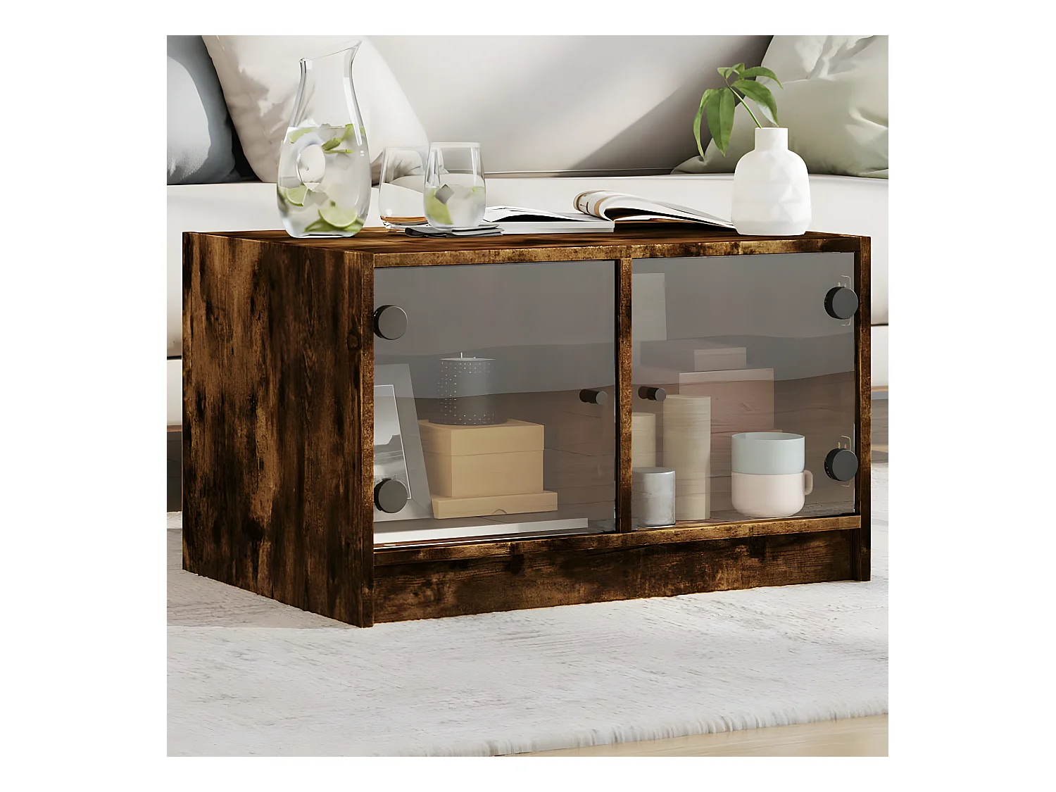 Table basse avec portes en verre chêne fumé 68x50x42 cm