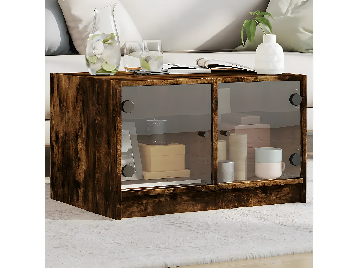 Table basse avec portes en verre chêne fumé 68x50x42 cm