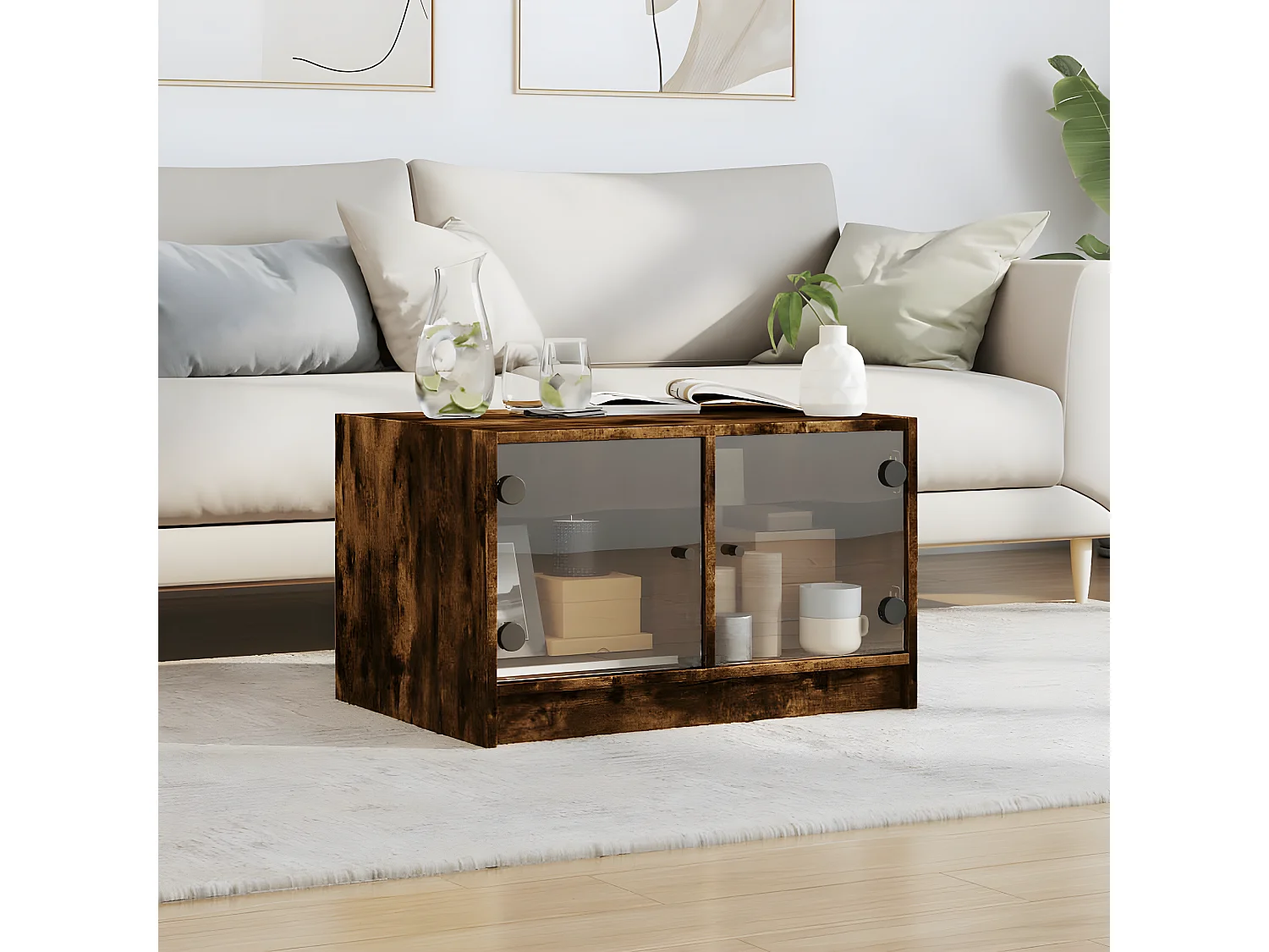 Table basse avec portes en verre chêne fumé 68x50x42 cm
