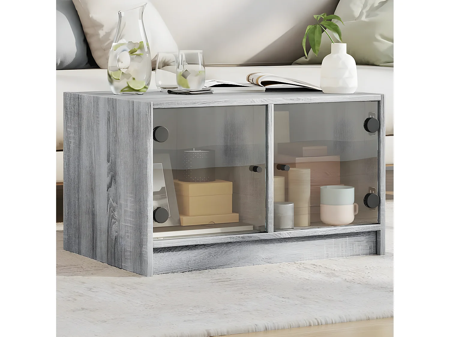 Salontafel met glazen deuren 68x50x42 cm grijs sonoma eiken