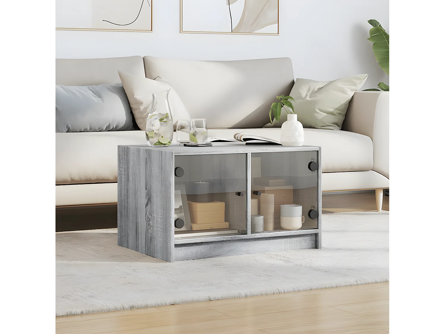 Salontafel met glazen deuren 68x50x42 cm grijs sonoma eiken