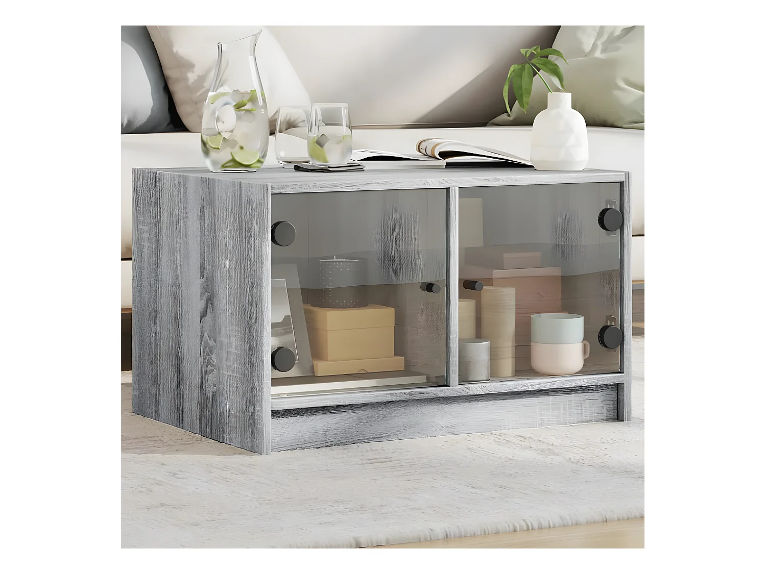 Mesa de centro c/ portas de vidro 68x50x42 cm cinza sonoma