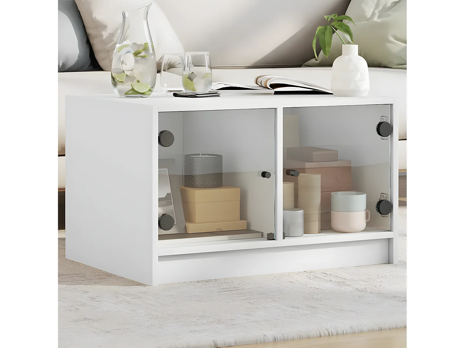 Table basse avec portes en verre blanc 68x50x42 cm