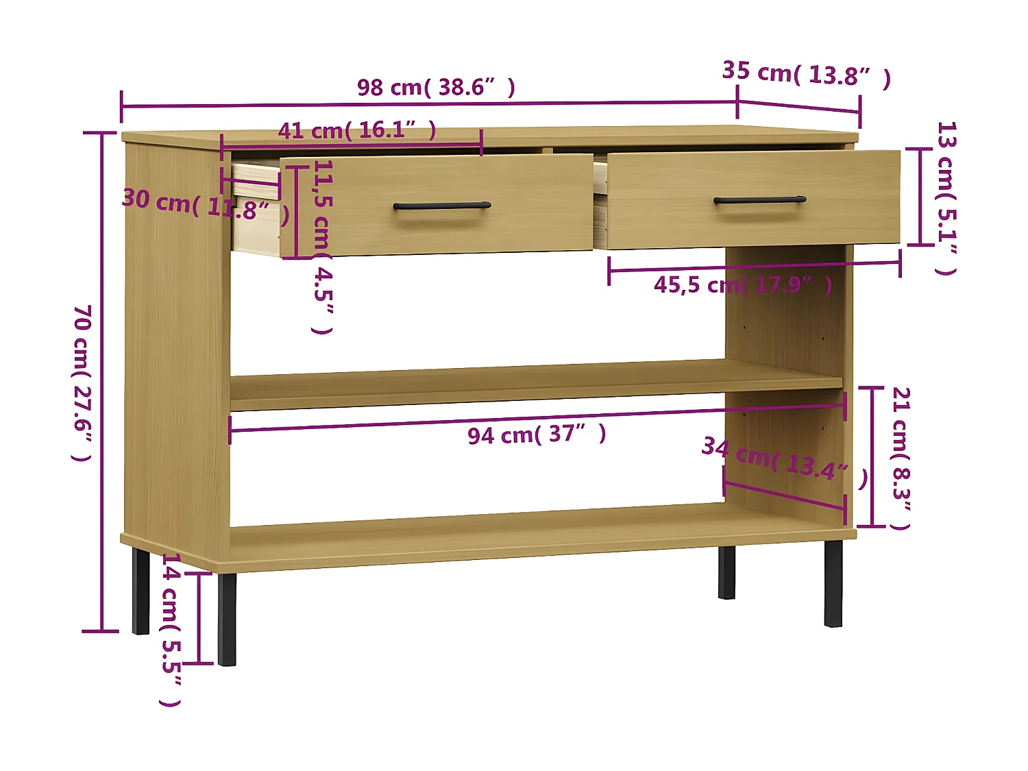 Armoire console avec pieds en métal Marron Bois pin massif OSLO