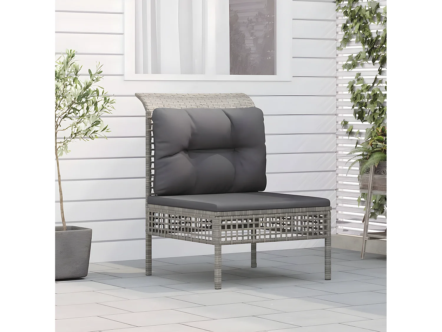 Sofá central de jardín con cojín ratán sintético gris