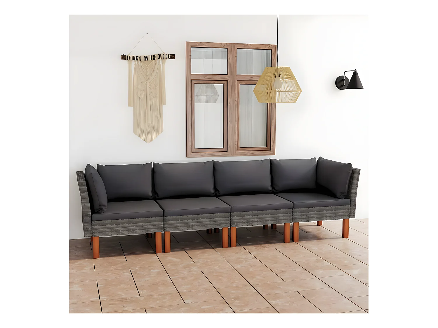 Canapé de jardin à 4 places avec coussins Gris Résine tressée
