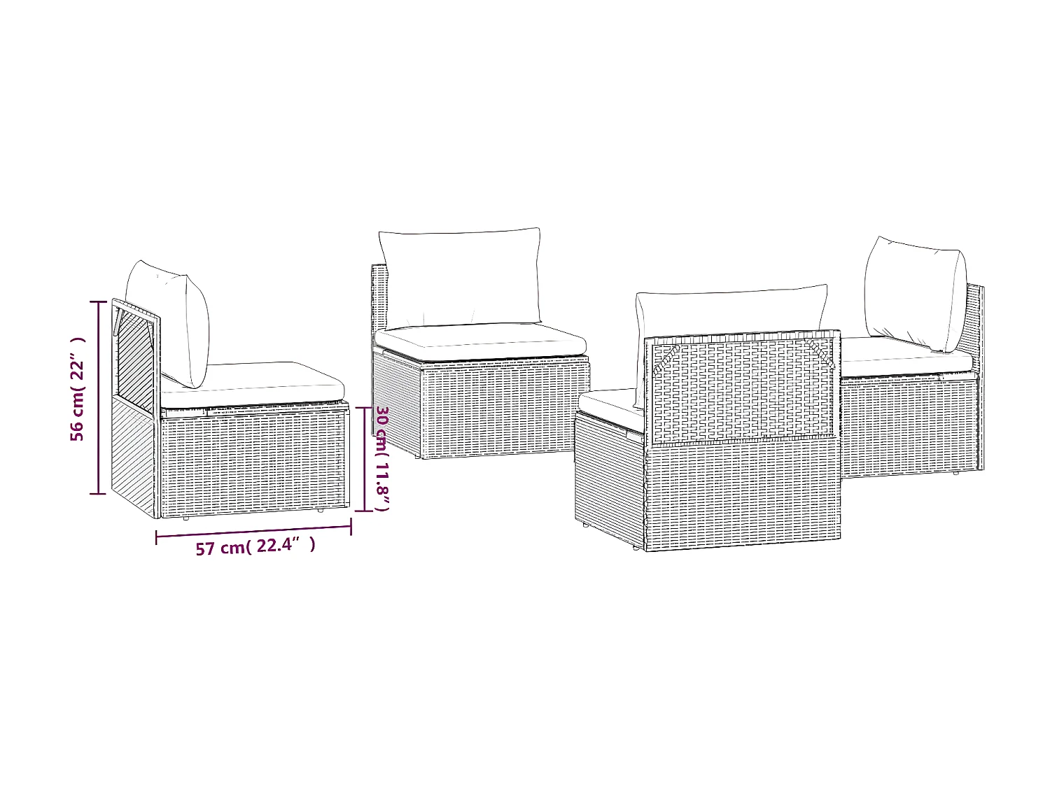 Sofás de centro para jardim 4 peças 57x57x56 cm vime PE cinza