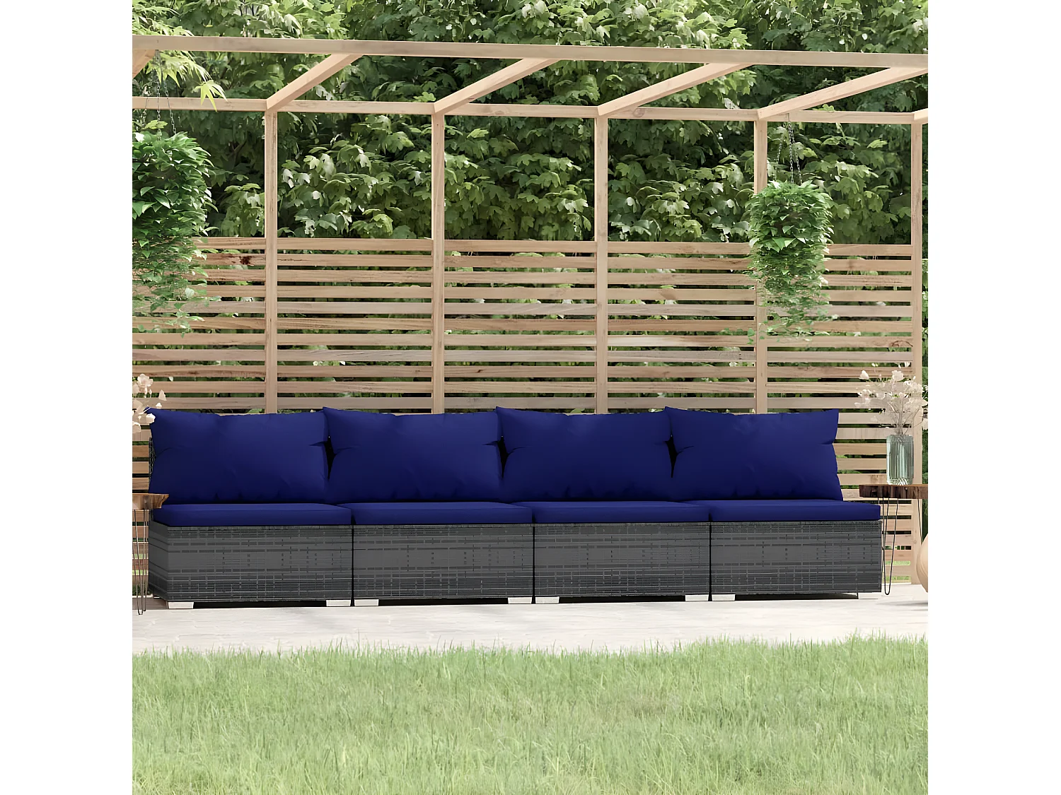 Sofá de 4 lugares com almofadões vime PE cinzento