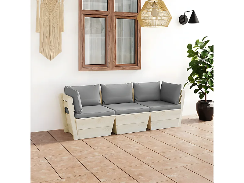 Sofá de palets de jardín 3 plazas con cojines madera de abeto