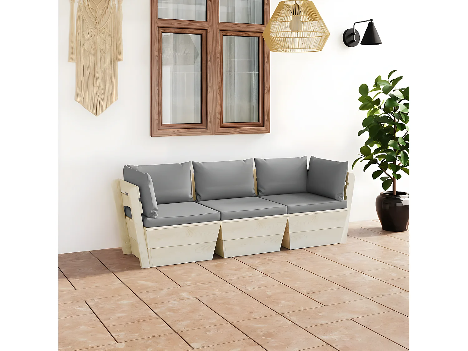 Canapé palette à 3 places de jardin avec coussins Bois d'épicéa