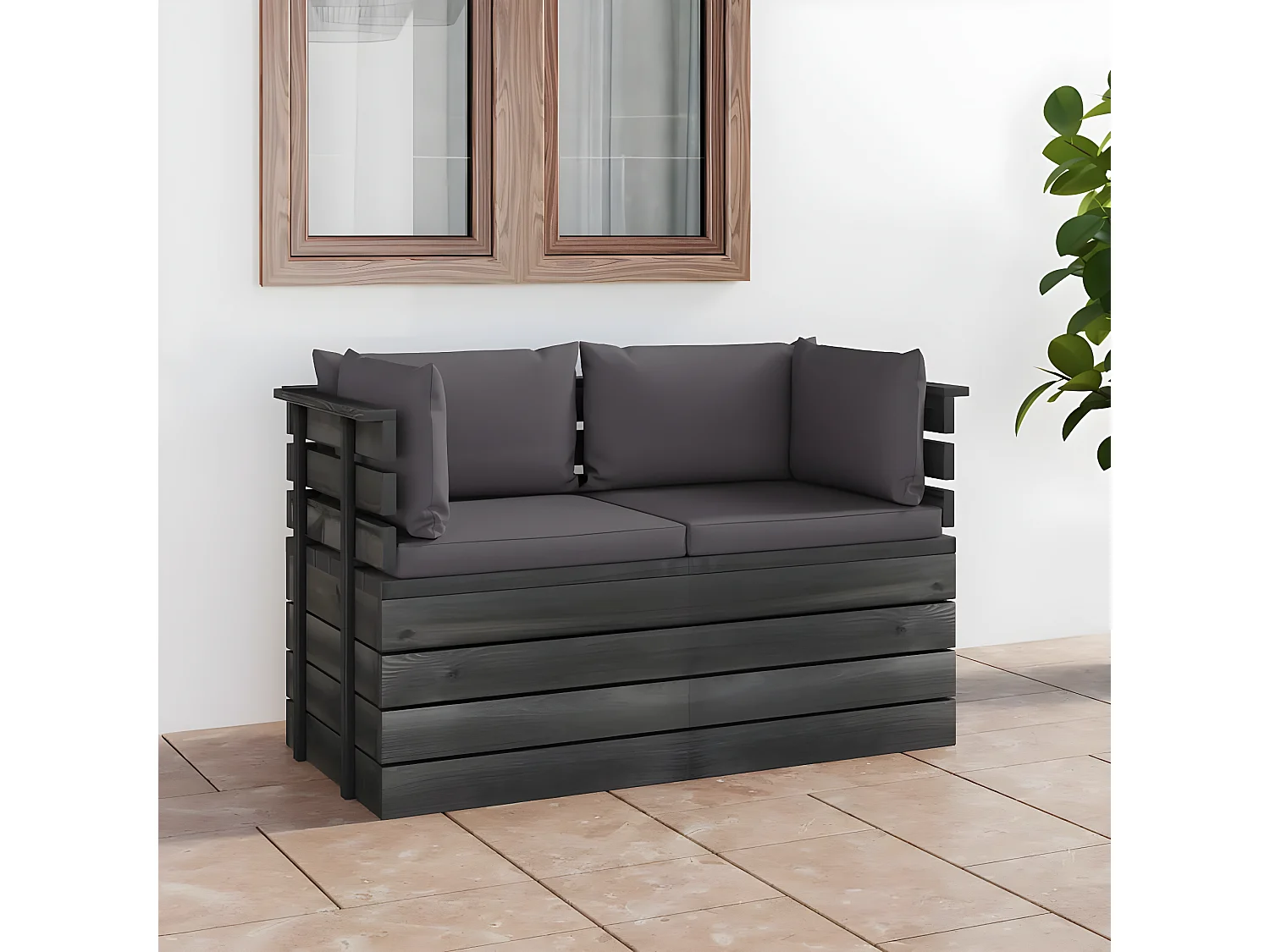 Sofá de palets de jardín 2 plazas y cojines madera maciza pino