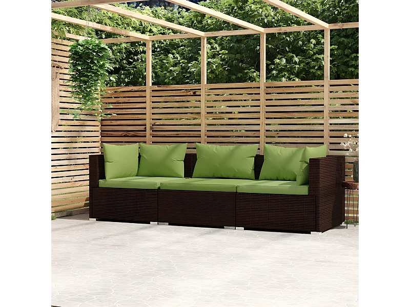 Bank 3-zits met kussens poly rattan bruin