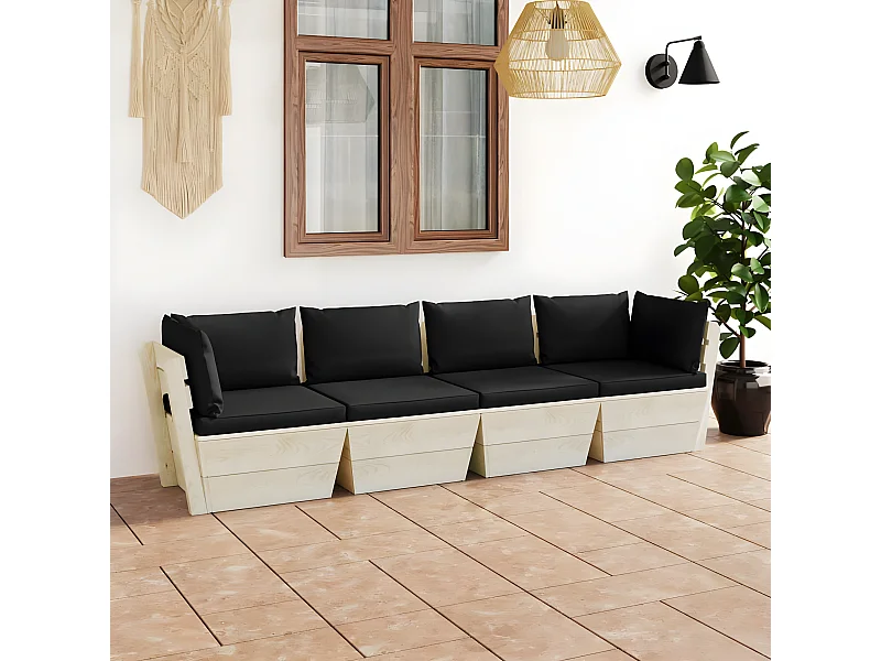 Canapé palette à 4 places de jardin avec coussins Bois d'épicéa