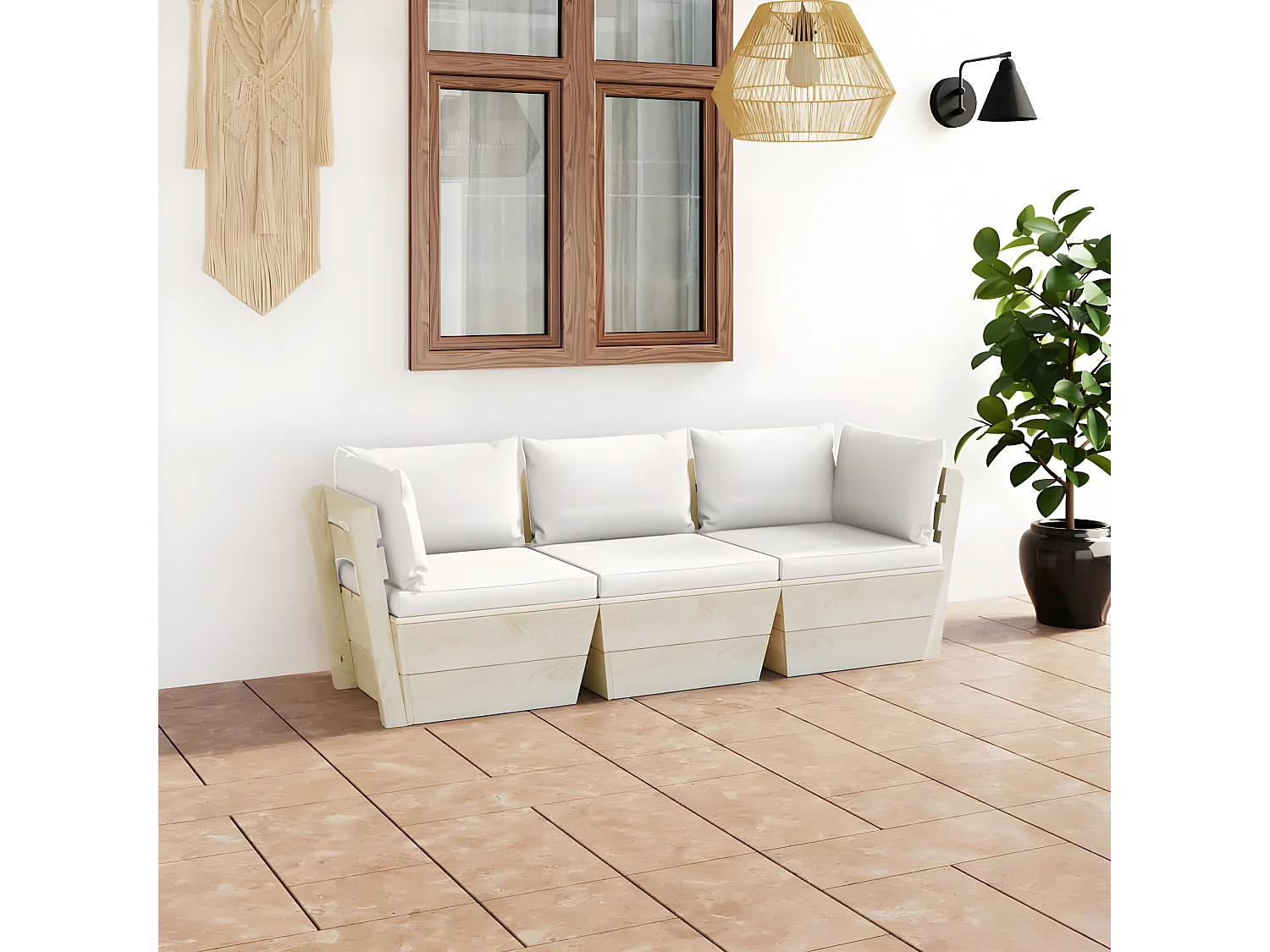 Sofá paletes 3 lugares p/ jardim c/ almofadões madeira de abeto