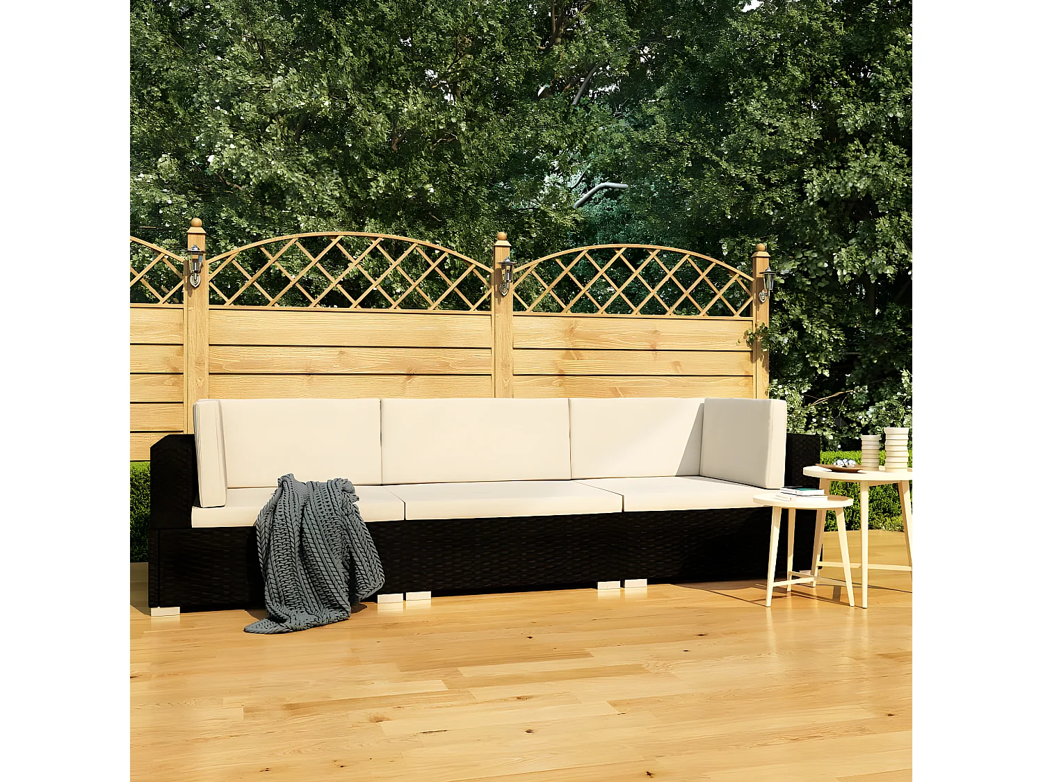 Set de sofás de jardín 3 piezas y cojines ratán sintético negro