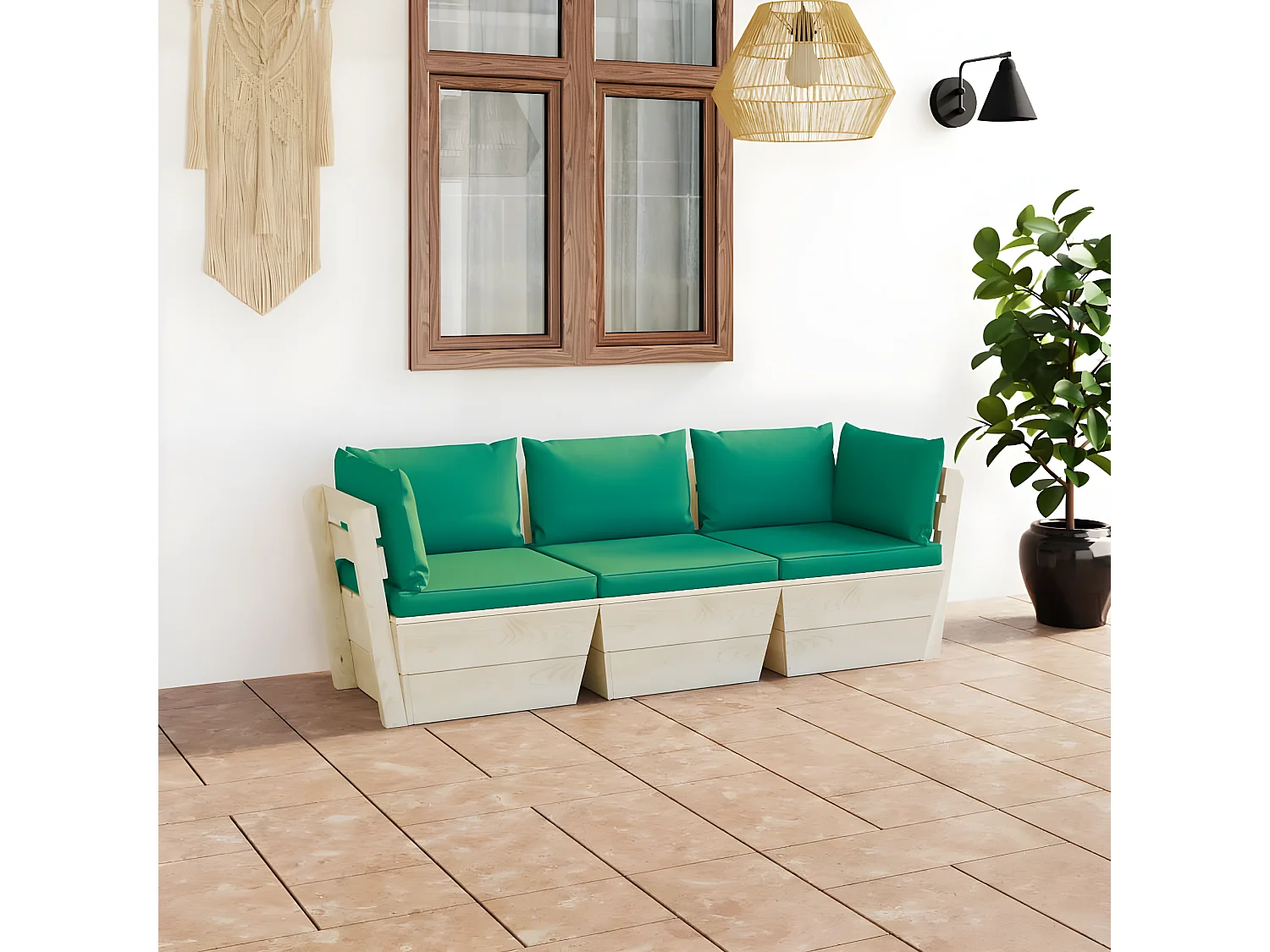 Sofá de palets de jardín 3 plazas con cojines madera de abeto