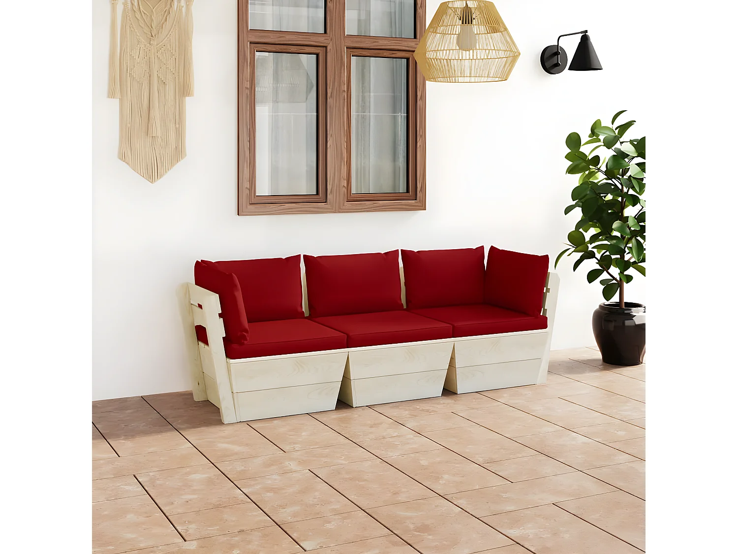 Sofá de palets de jardín 3 plazas con cojines madera de abeto