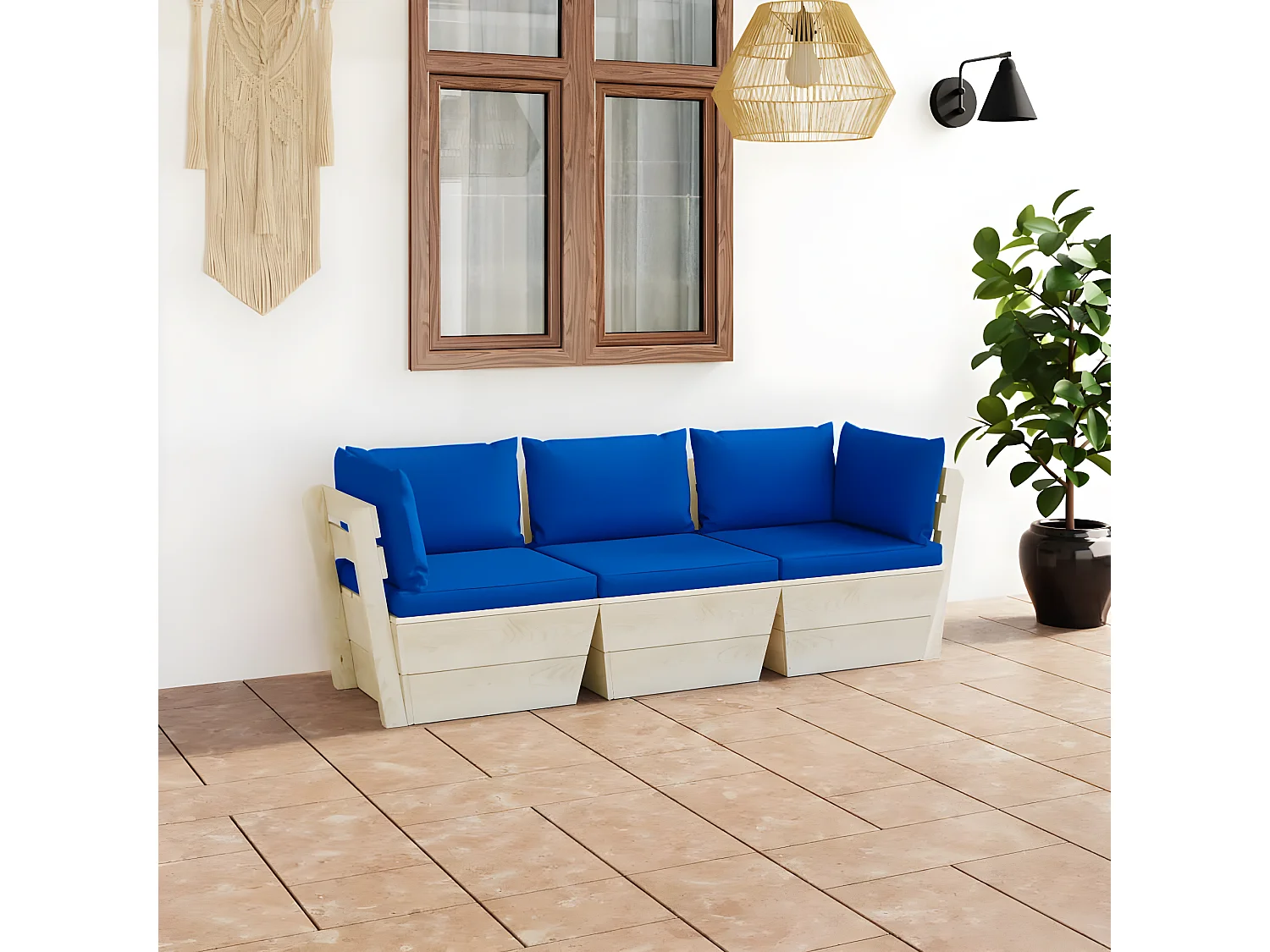 Canapé palette à 3 places de jardin avec coussins Bois d'épicéa